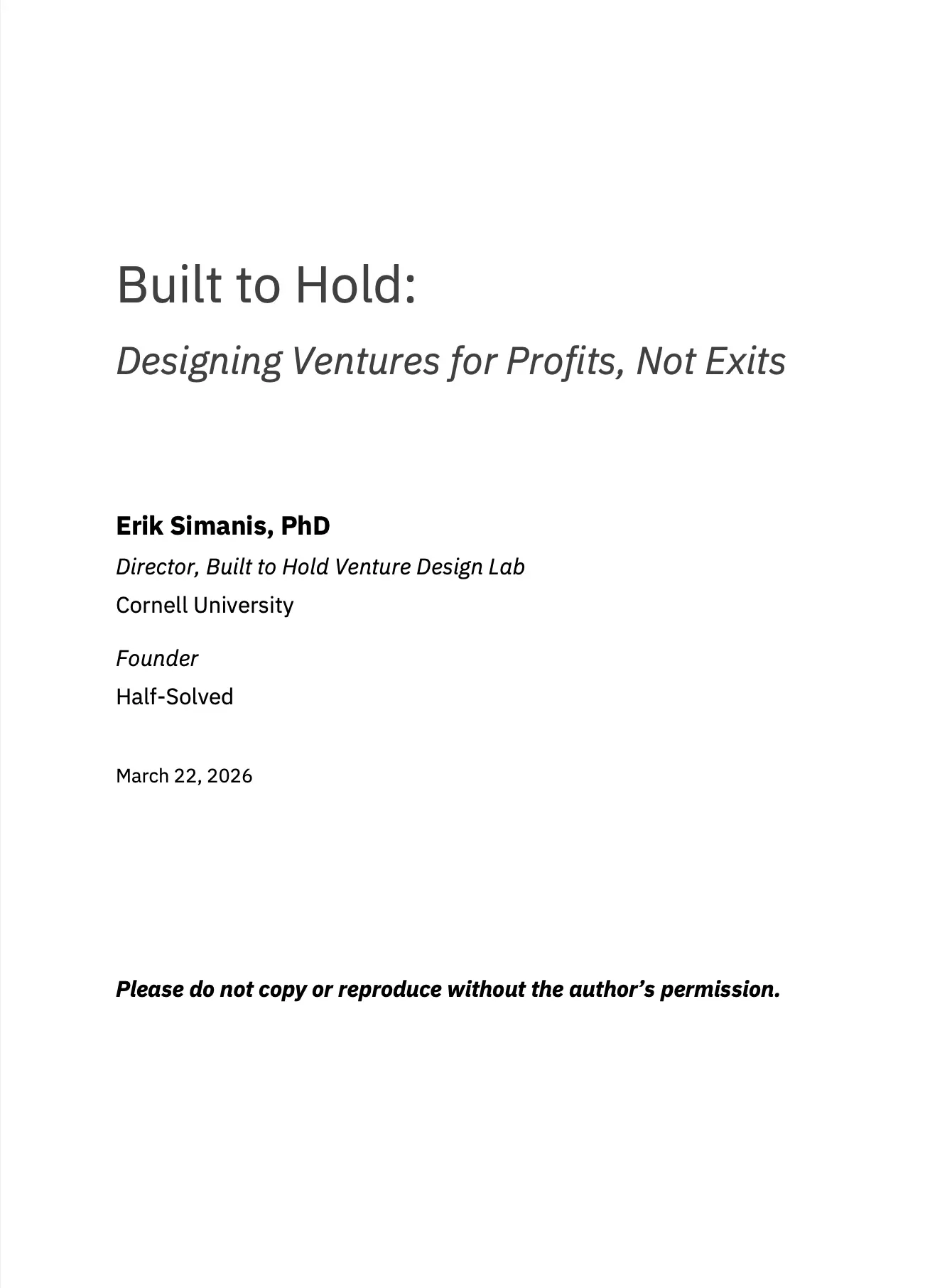 Cover of Built to Hold - Designing Ventures for Profits, Not Exits